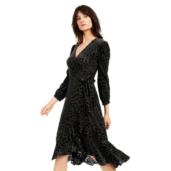Black Size 2 Calvin Klein Burnout Velvet Leopard Wrap Dress - Picture 3 of 7